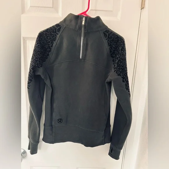 Lululemon Black Pullover with Flocked Floral Accents- Half Zip- PTP 19”- GUC - Picture 1 of 6